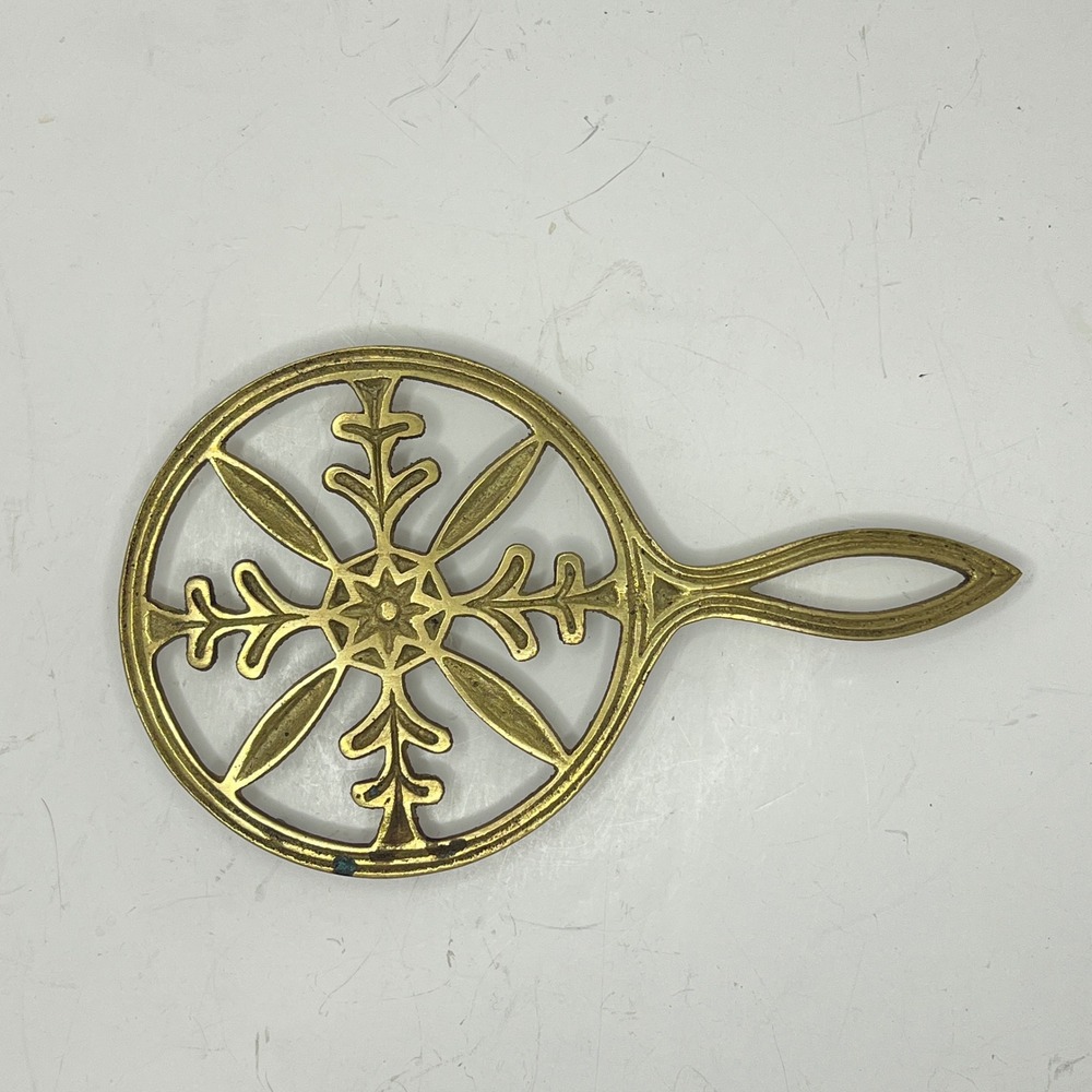 Vintage Brass Footed Snowflake Trivet with Handle Made in Japan Starburst Design